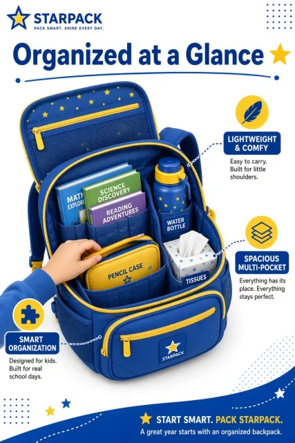Starry Space image example: Back-to-School Kids Backpack E-Commerce Poster