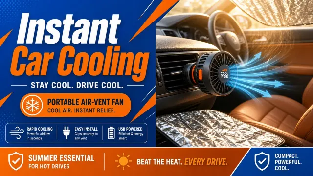 E-Commerce Marketing image example: Blue and Orange Summer Car Fan E-Commerce Cover