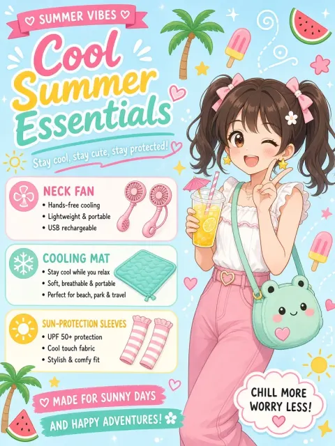 Asymmetrical Layout image example: Cute Cartoon Summer Essentials Poster