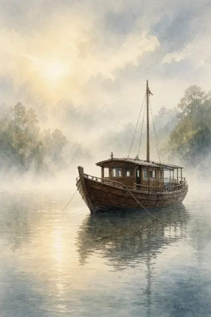 Watercolor Painting image example: Misty Morning Watercolor of the Boat on South Lake