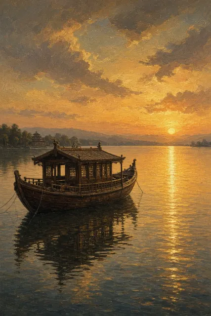 Realistic Style image example: Sunset Oil Painting of the Boat on South Lake