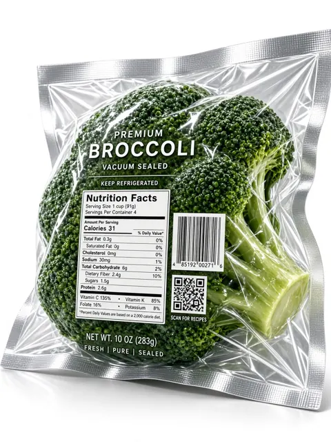 cyberpunk image example: Futuristic Vacuum-Packed Broccoli Product Photography