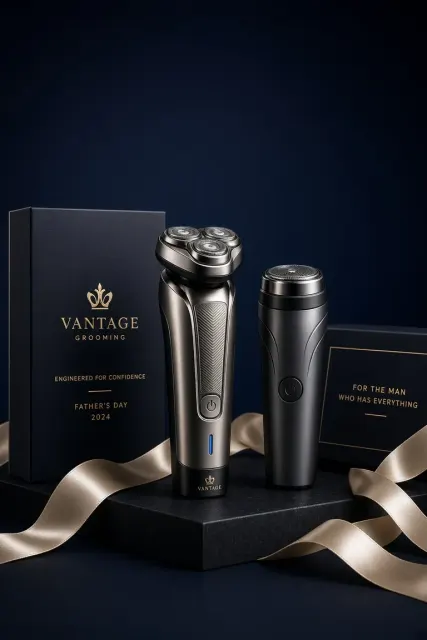 Still Life Photography image example: Luxury Navy and Black Father's Day Shaver Poster