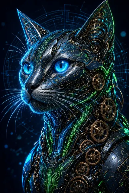 Cyberpunk Mechanical Cat Digital Art