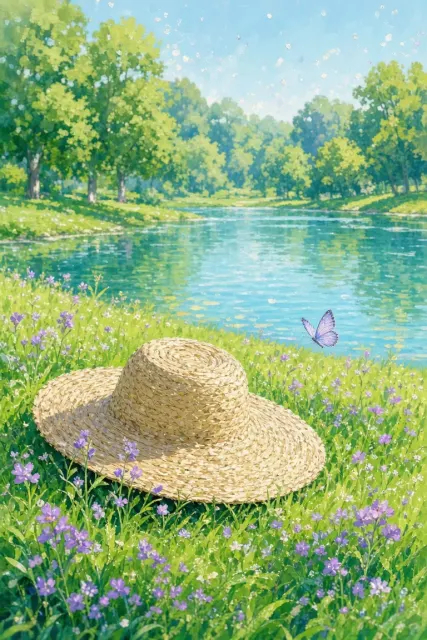 Impressionist Straw Hat and Butterfly by the Lake