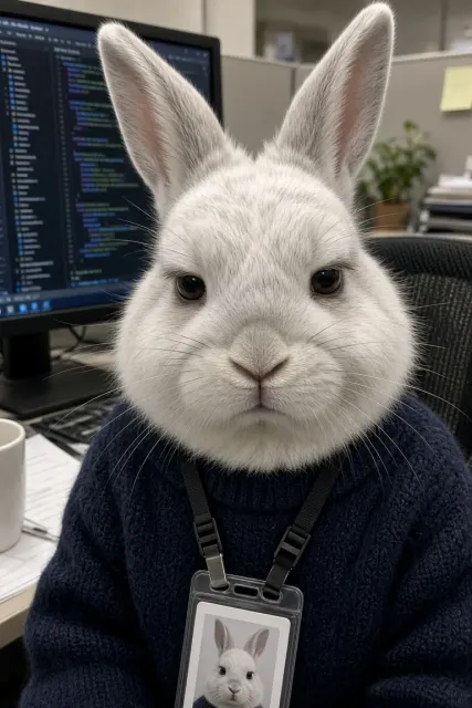 Candid Snapshot image example: Anthropomorphic Bunny Post-Holiday Office Selfie