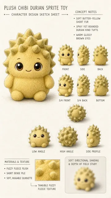 Chibi Cute image example: Chibi Plush Durian Sprite Character Design Sheet