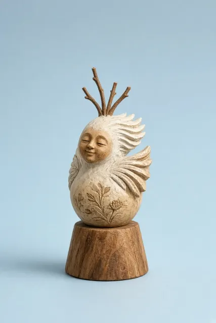 Wood Carving image example: Hand-Carved Camphor Wood Dandelion Spirit Figurine