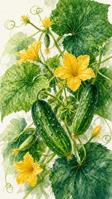 Realistic Hand-Painted Cucumber Vine Watercolor