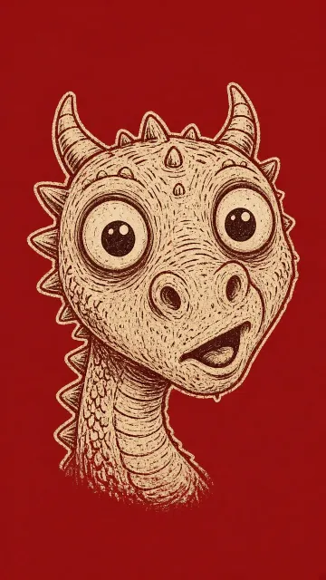 Quirky Derpy Dragon Woodcut Print on Red
