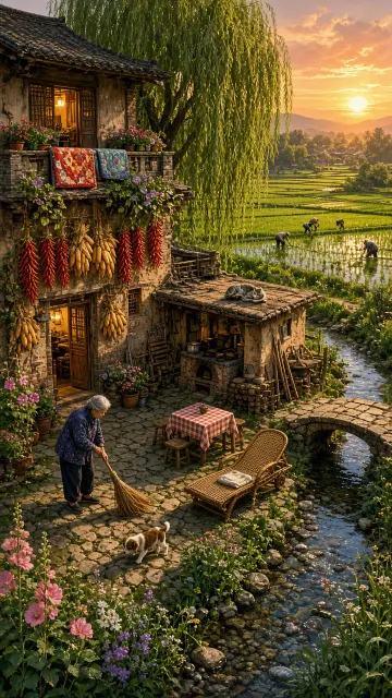 Aerial Overhead image example: Golden Hour Northern Rural Courtyard Illustration