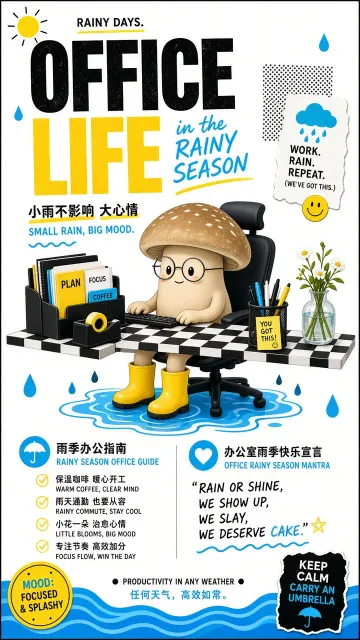 Chibi Style image example: Rainy Season Office Mushroom Fun Collage Poster