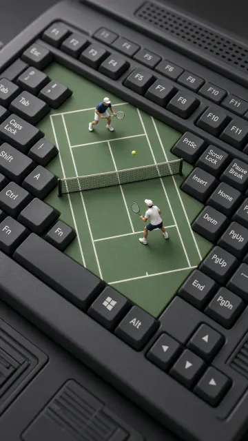 Aerial Perspective image example: Keyboard Tennis Court Miniature Concept 3D Illustration