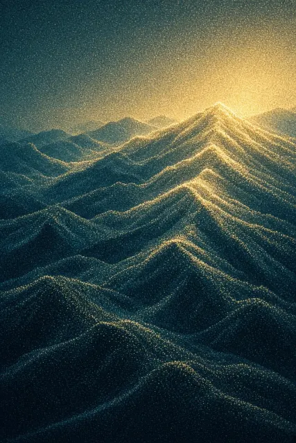 Stippled Golden Sunlit Mountain Peaks