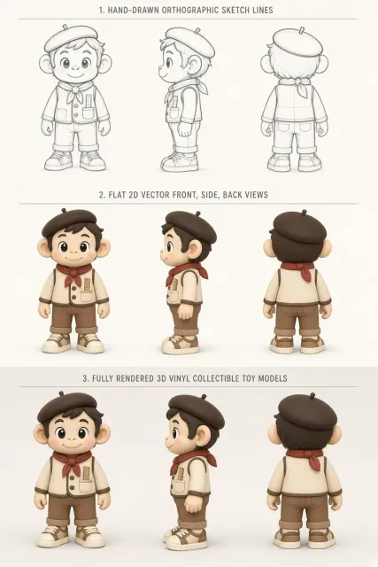 Orthographic View image example: Monkey Designer Toy Orthographic Turnaround