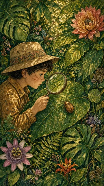 Overhead Shot image example: Maximalist Storybook Boy with Magnifying Glass