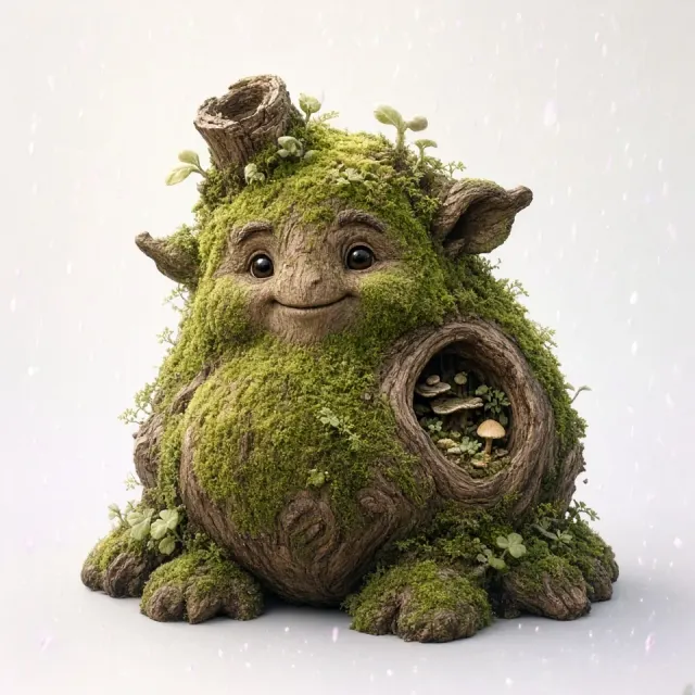 Fantasy Creature image example: Moss-Covered Tree Hollow Sprite Carving