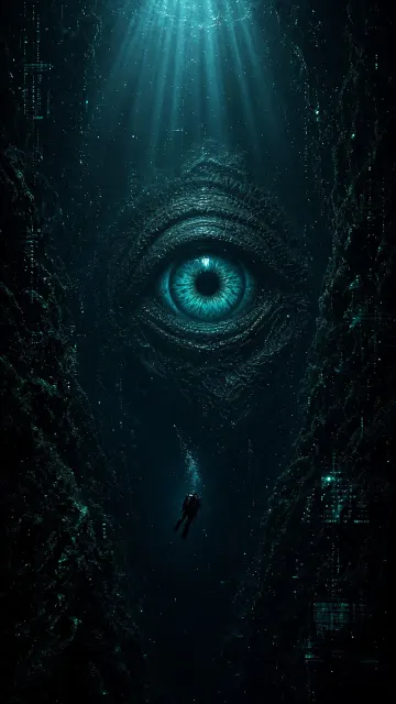 Deep Sea image example: Dark Abyss Giant Eye and Diver Sci-Fi Art