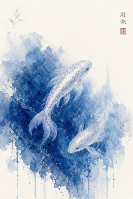 Klein Blue Watercolor Koi Fish Painting