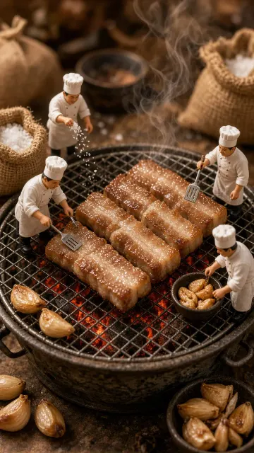 Aerial Perspective image example: Miniature Chefs Grilling Pork Belly Diorama