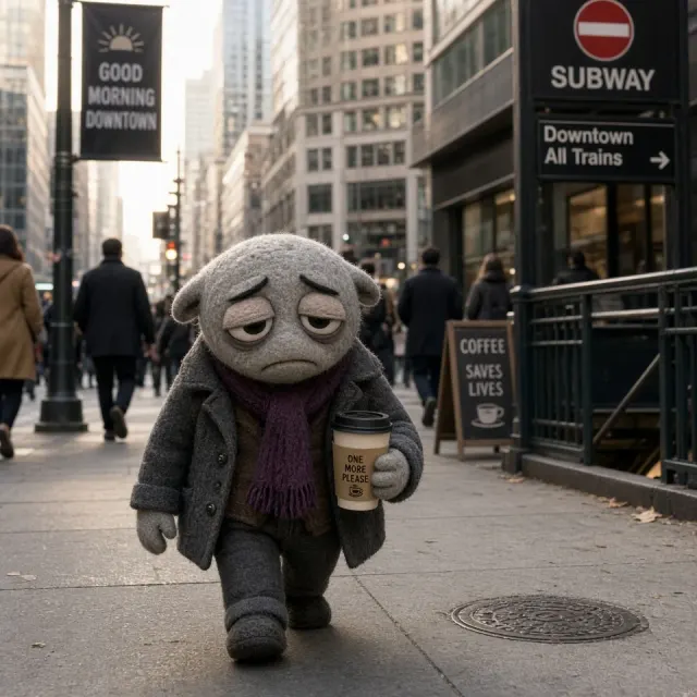 Urban Cityscape image example: Exhausted Commuter Doll City Street Illustration