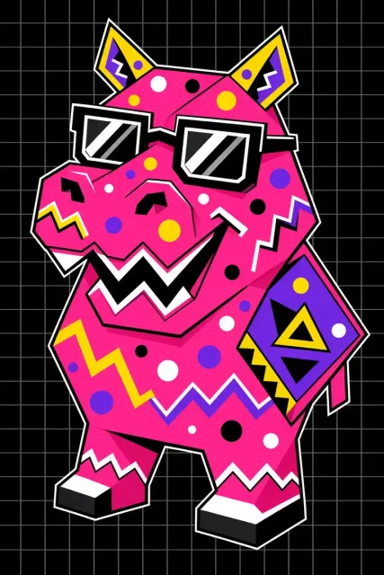 Memphis Design image example: Memphis Style Pink Hippo Character Design