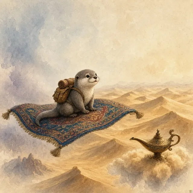 Watercolor Illustration of an Otter on a Magic Carpet