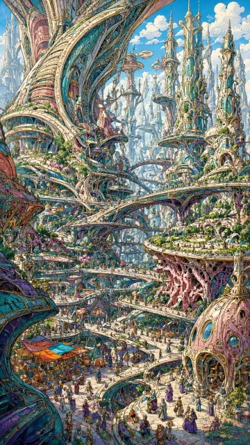Panorama image example: Bionic Fantasy Megacity Panoramic Concept Art
