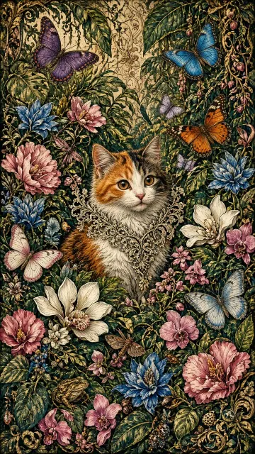 Maximalist Etching of Calico Cat in Rainforest Blooms