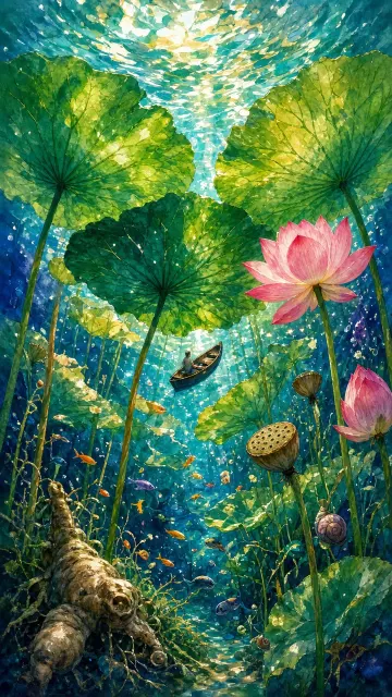 Underwater image example: Underwater Upward View of Giant Lotus Leaves