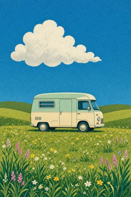 Camper Van image example: Retro Screen Print Meadow Camper Van Illustration