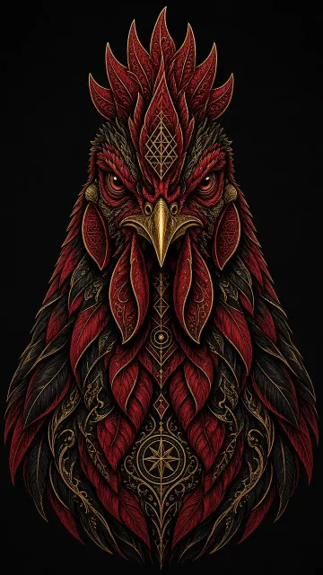 Ink Drawing image example: Intricate Rooster Portrait Line Art in Black and Red