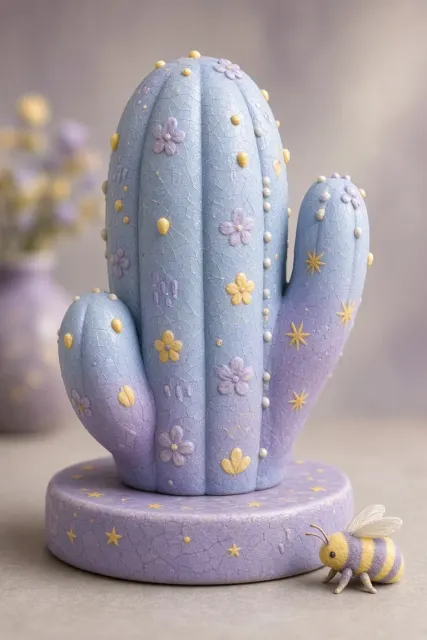 Whimsical Ceramic Cactus and Bee Sculpture