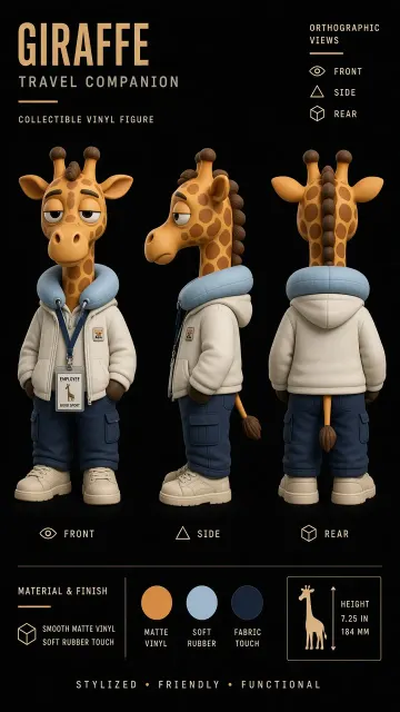 Model Sheet image example: Orange Giraffe Art Toy Character Orthographic View