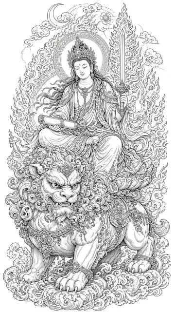 Ink Drawing image example: Intricate Line Art Manjushri on Blue Lion