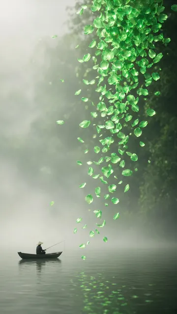 Minimalist image example: Minimalist Lone Fisherman and Emerald Lotus Rain