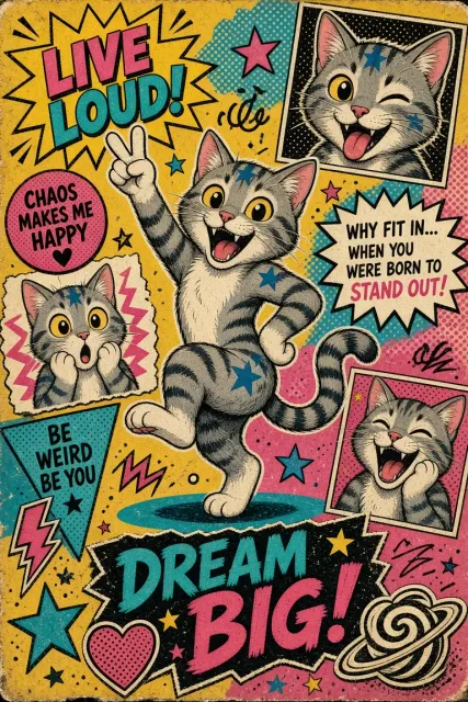 Vintage Poster image example: Retro Pop Collage Grey Tabby Cat Illustration