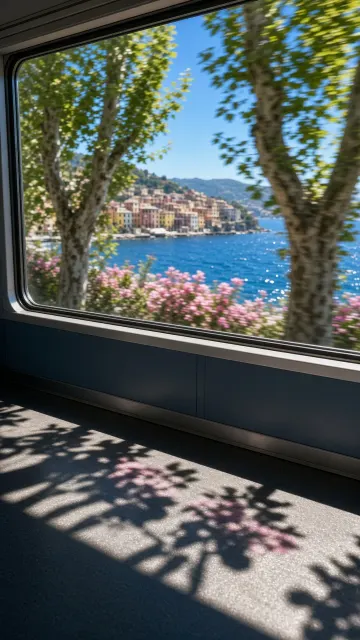 Cool Toned image example: Subway Window View of Coastal City and Trees