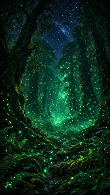 Enchanted Forest Night with Glowing Fireflies