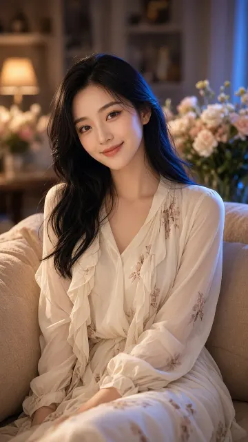Elegant Woman in Silk Blouse Living Room Portrait