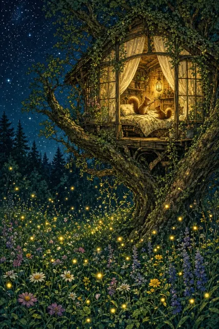 Whimsical Forest Treehouse Illustration