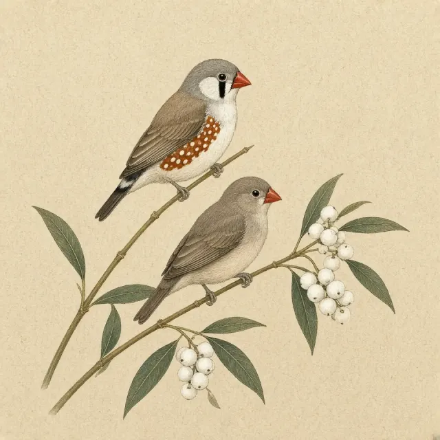 Polish Minimalist Botanical Zebra Finch Illustration