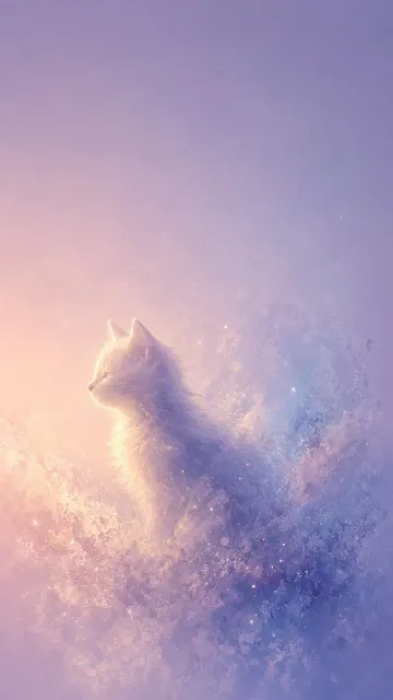 Healing image example: Dreamy Blurred Violet-Blue Minimalist Kitten Illustration