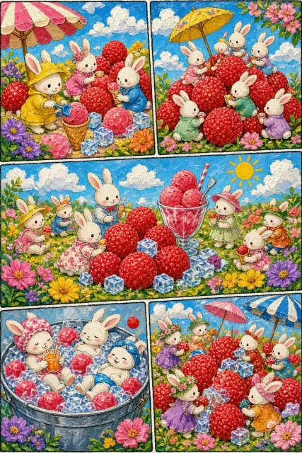 Cute White Bunnies and Giant Waxberries Summer Illustration