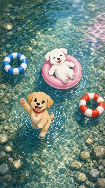 Cartoon Puppies Floating on Clear River Water