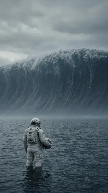 Cinematic Sci-Fi Astronaut Facing Megatsunami