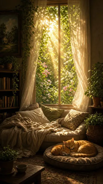 Cozy Sunlit Cottage Interior with Sleeping Cat