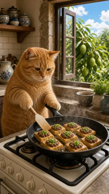 Hyperrealistic Chubby Ginger Cat Cooking Stuffed Tofu