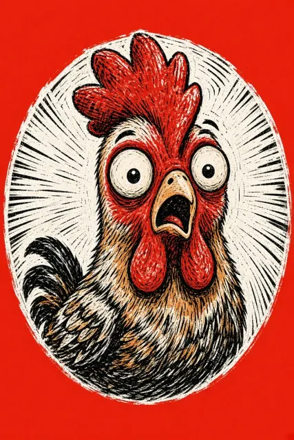 Linocut image example: Quirky Doodle Woodcut Rooster Illustration