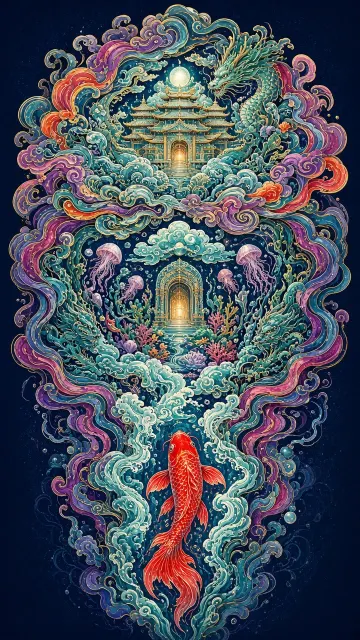Koi Fish image example: Maximalist Undersea Dragon Palace and Carp